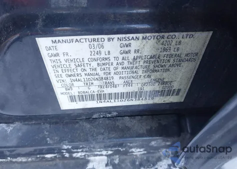 2006 Nissan Altima 2.5 S from USA, damaged, VIN 1N4AL11D26N384819